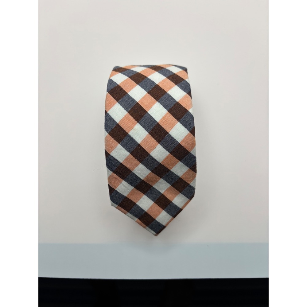 Original Penguin Mens Cotton Gingham Check Necktie Brown Orange Navy Blue